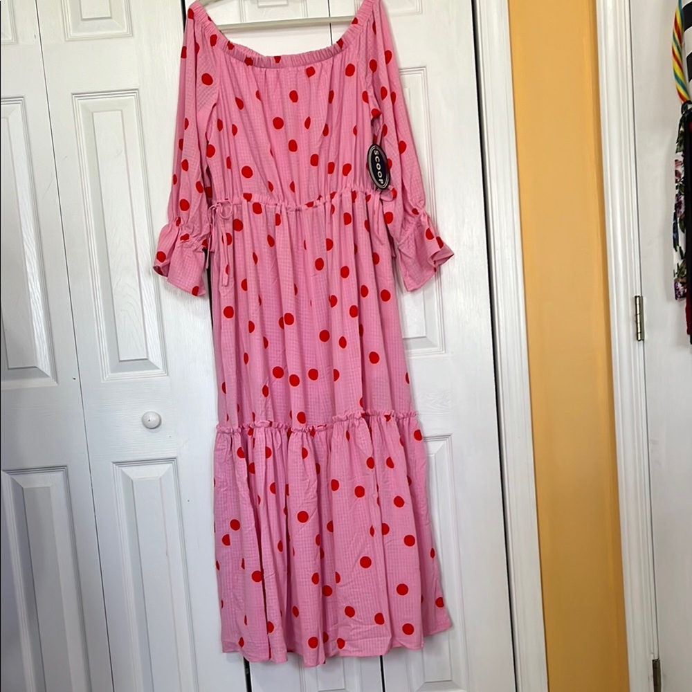 Women’s Scoop Off the Shoulder Pink Dress with Red Dots
